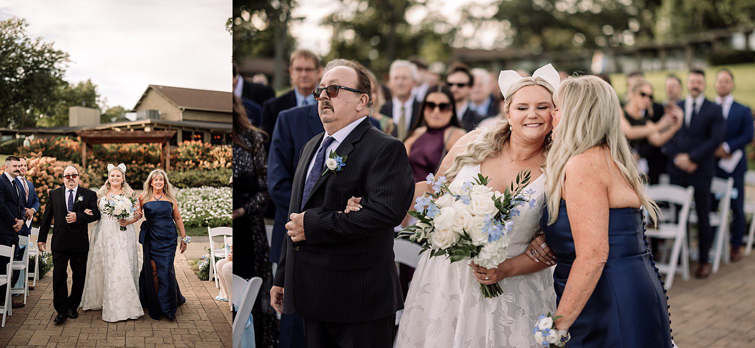 lakeside Wisconsin wedding in Delavan, Wisconsin: bride walking down the ceremony aisle between her parents.