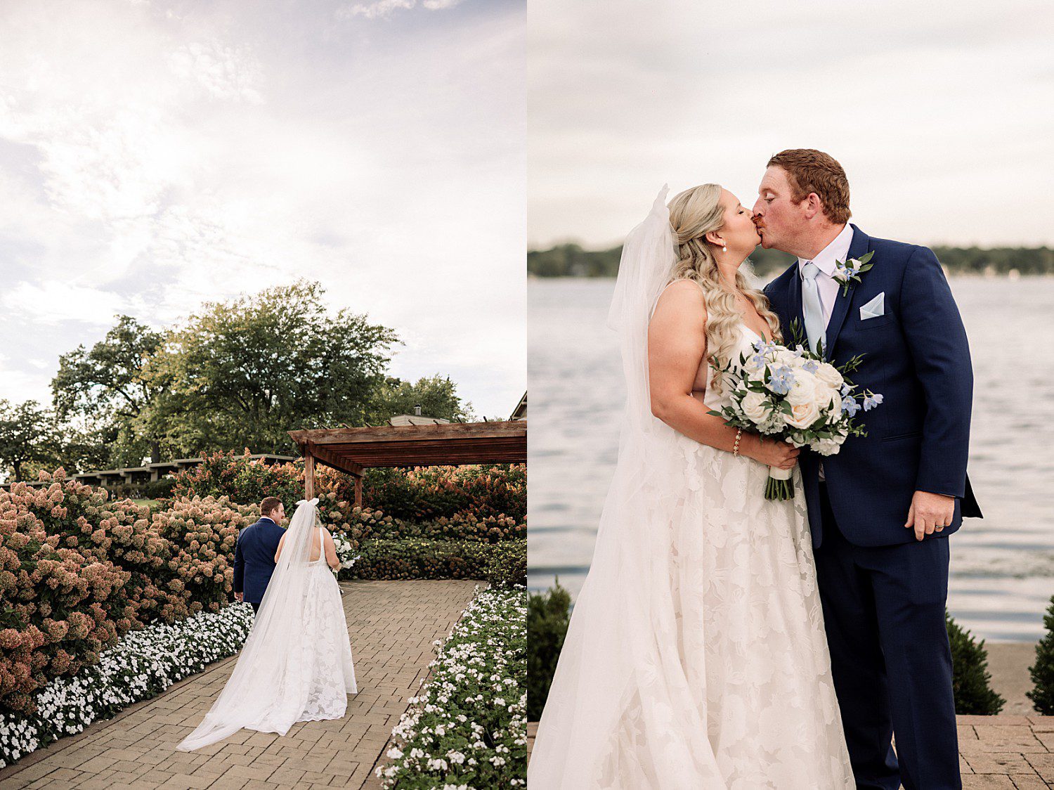 lakeside Wisconsin wedding in Delavan, Wisconsin: bride with her long veil beside garden flowers and the couple kissing by the lake.