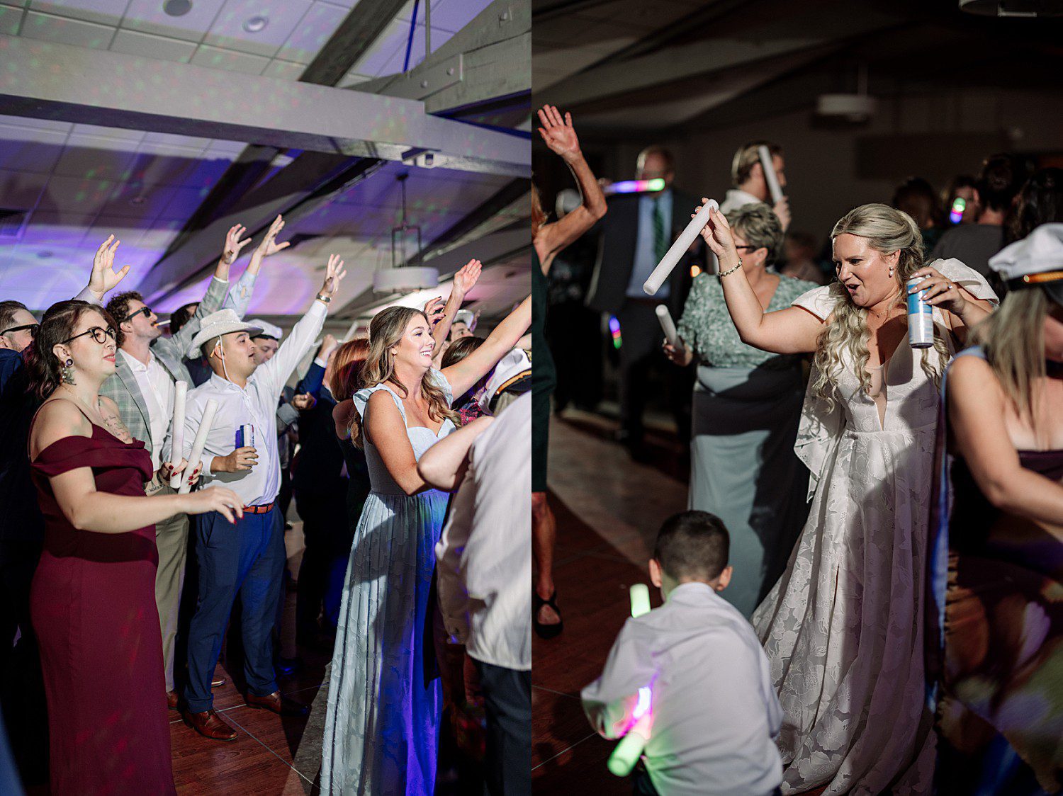 lakeside Wisconsin wedding in Delavan, Wisconsin: bride and guests celebrating together on a crowded dance floor.