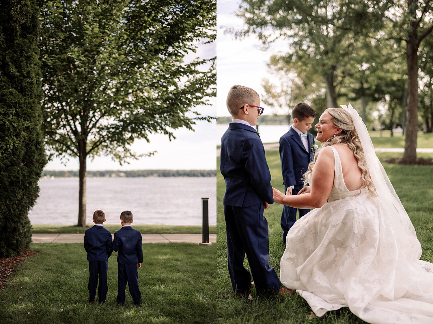 lakeside Wisconsin wedding in Delavan, Wisconsin: bride greeting two young attendants beneath lakeside trees.