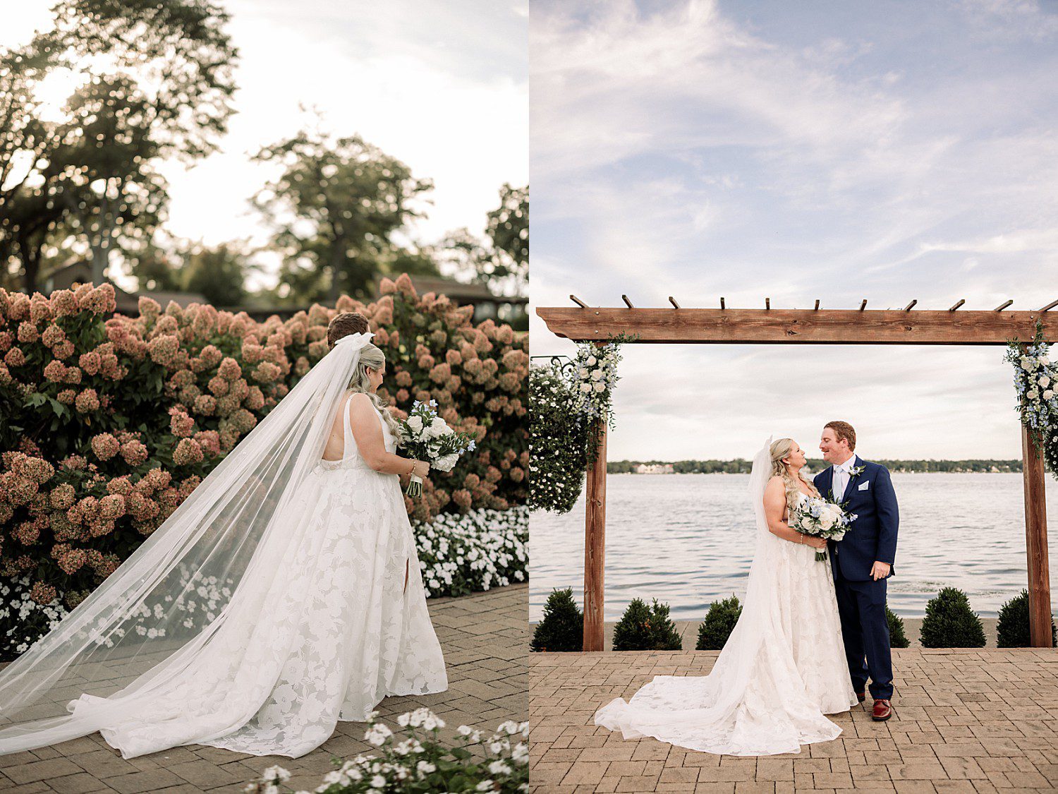 lakeside Wisconsin wedding in Delavan, Wisconsin: bride facing the groom near flowering shrubs and the couple together beneath the arbor.