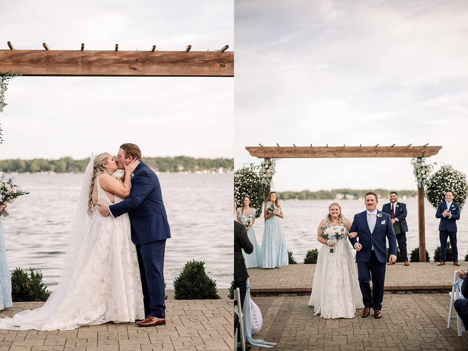 lakeside Wisconsin wedding in Delavan, Wisconsin: bride and groom kissing beneath the wooden arbor and standing together during the ceremony.