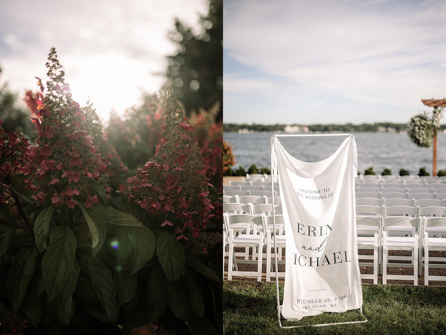 lakeside Wisconsin wedding in Delavan, Wisconsin: sunlit garden flowers and a personalized Erin and Michael ceremony banner.
