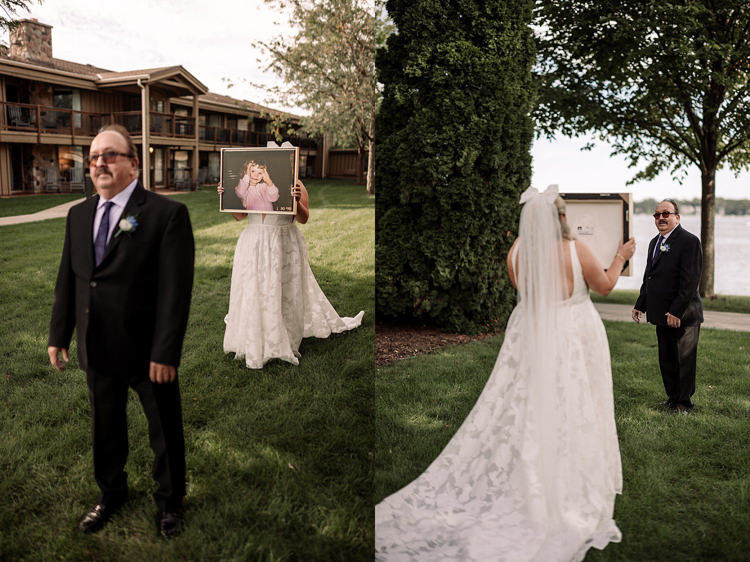 lakeside Wisconsin wedding in Delavan, Wisconsin: bride holding a framed childhood photograph before her father turns around.