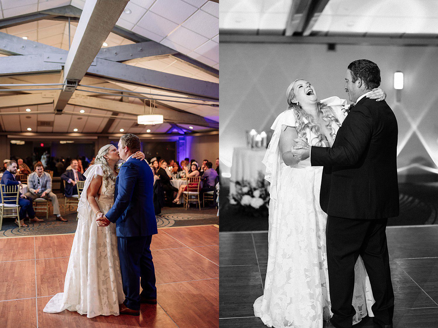 lakeside Wisconsin wedding in Delavan, Wisconsin: bride and groom sharing their first dance while guests watch.
