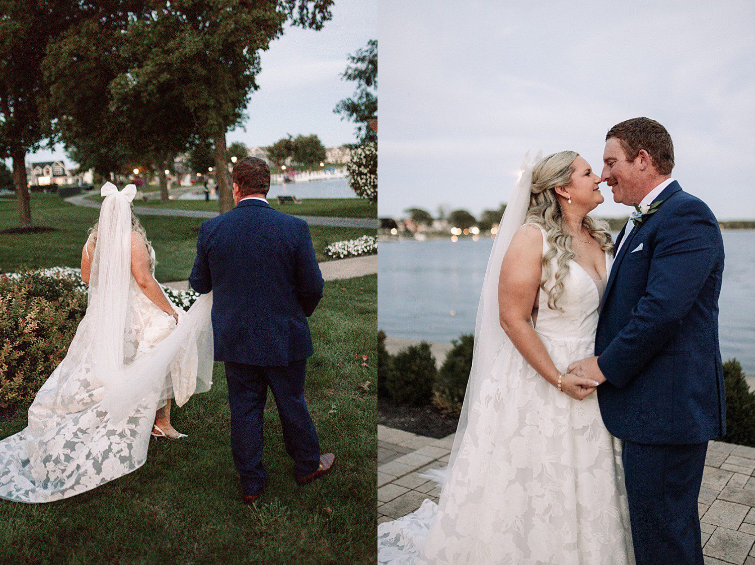 lakeside Wisconsin wedding in Delavan, Wisconsin: newlyweds walking beside the lake and sharing a kiss outdoors.