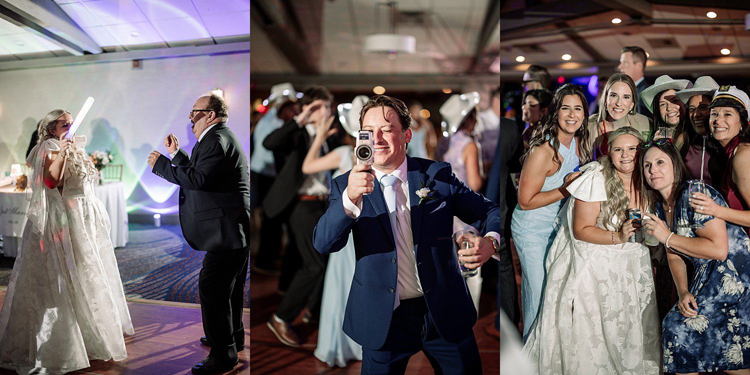 lakeside Wisconsin wedding in Delavan, Wisconsin: newlyweds dancing, a guest wearing a captain hat, and friends posing together.