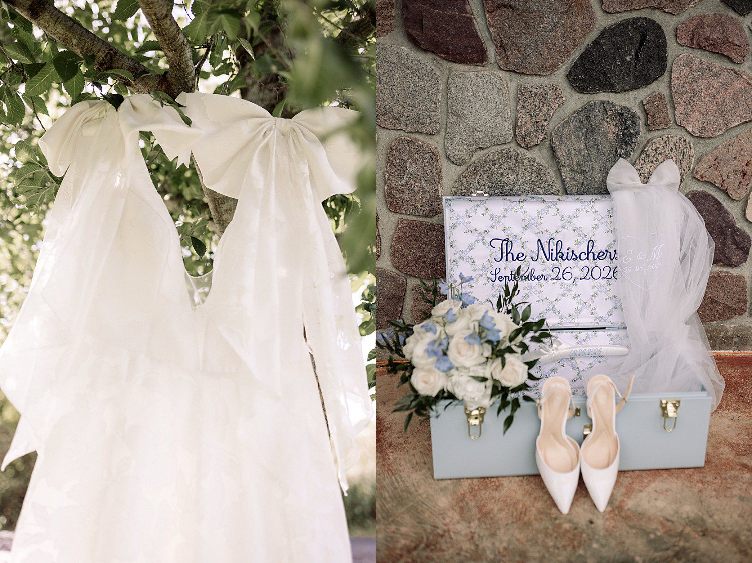 lakeside Wisconsin wedding in Delavan, Wisconsin: wedding dress hanging outdoors and bridal accessories beside a stone wall.