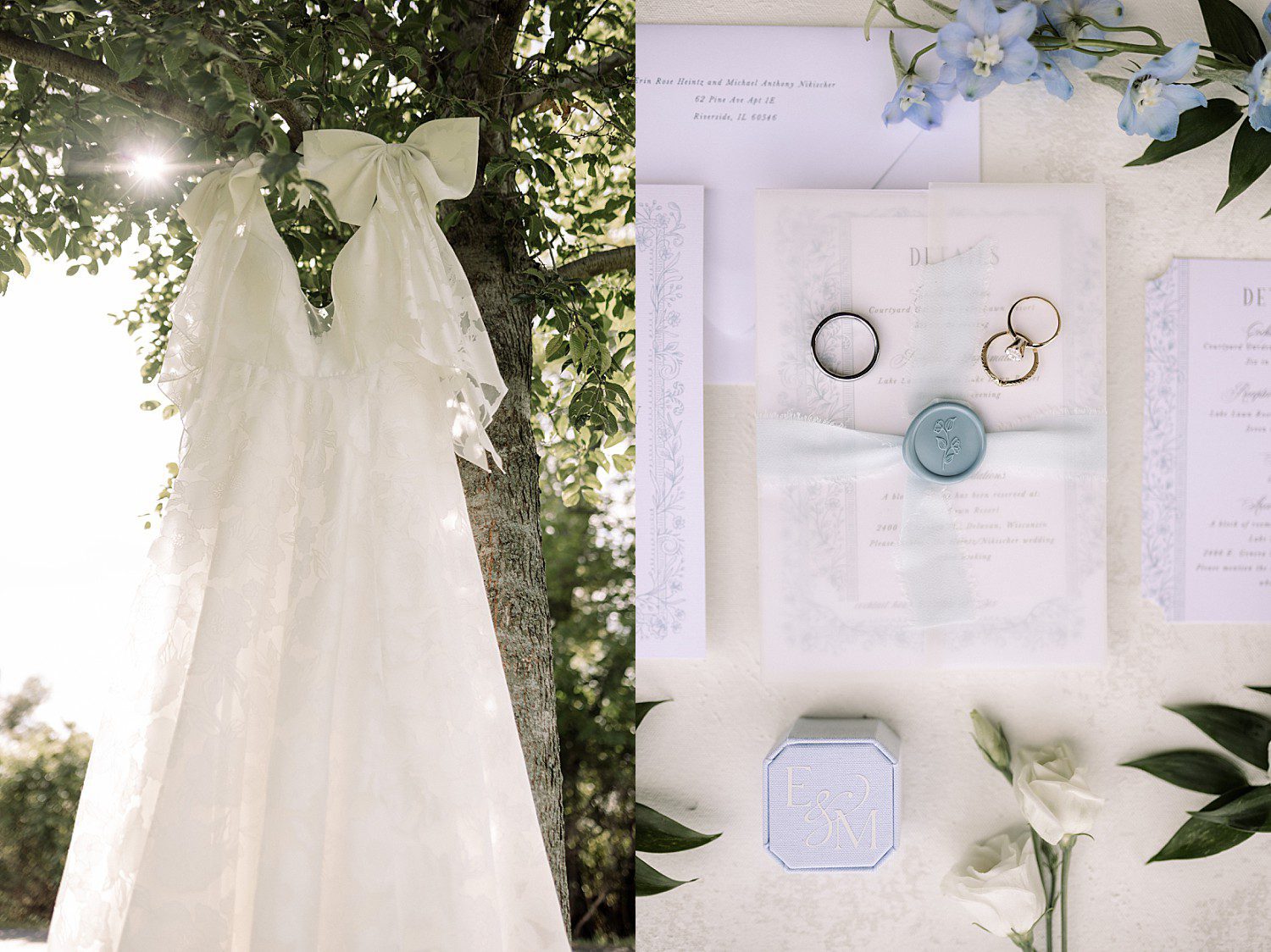 lakeside Wisconsin wedding in Delavan, Wisconsin: wedding dress in sunlight and rings arranged with pale blue stationery.