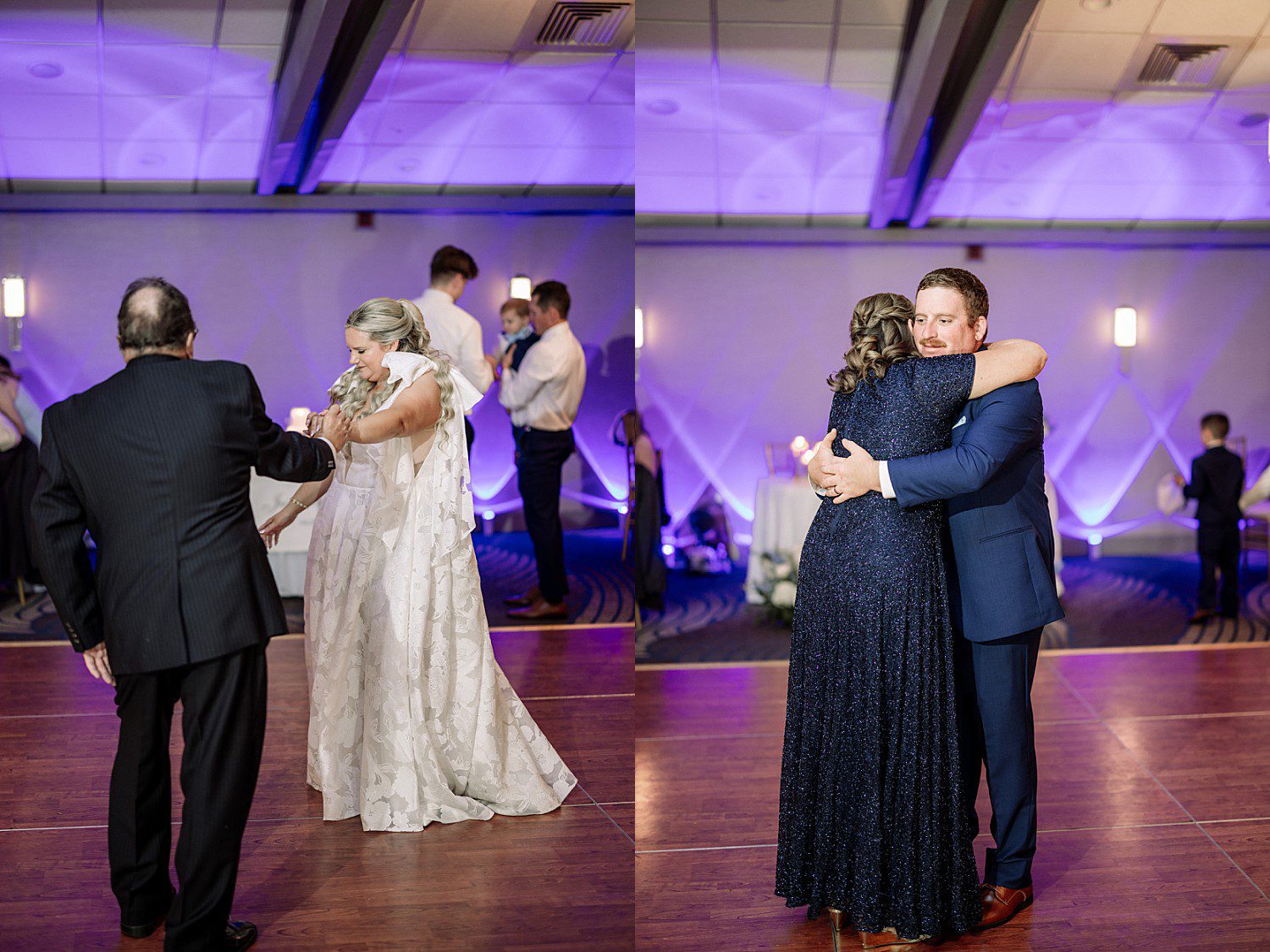 lakeside Wisconsin wedding in Delavan, Wisconsin: bride dancing with a man in a dark suit and groom embracing a woman in a navy dress.