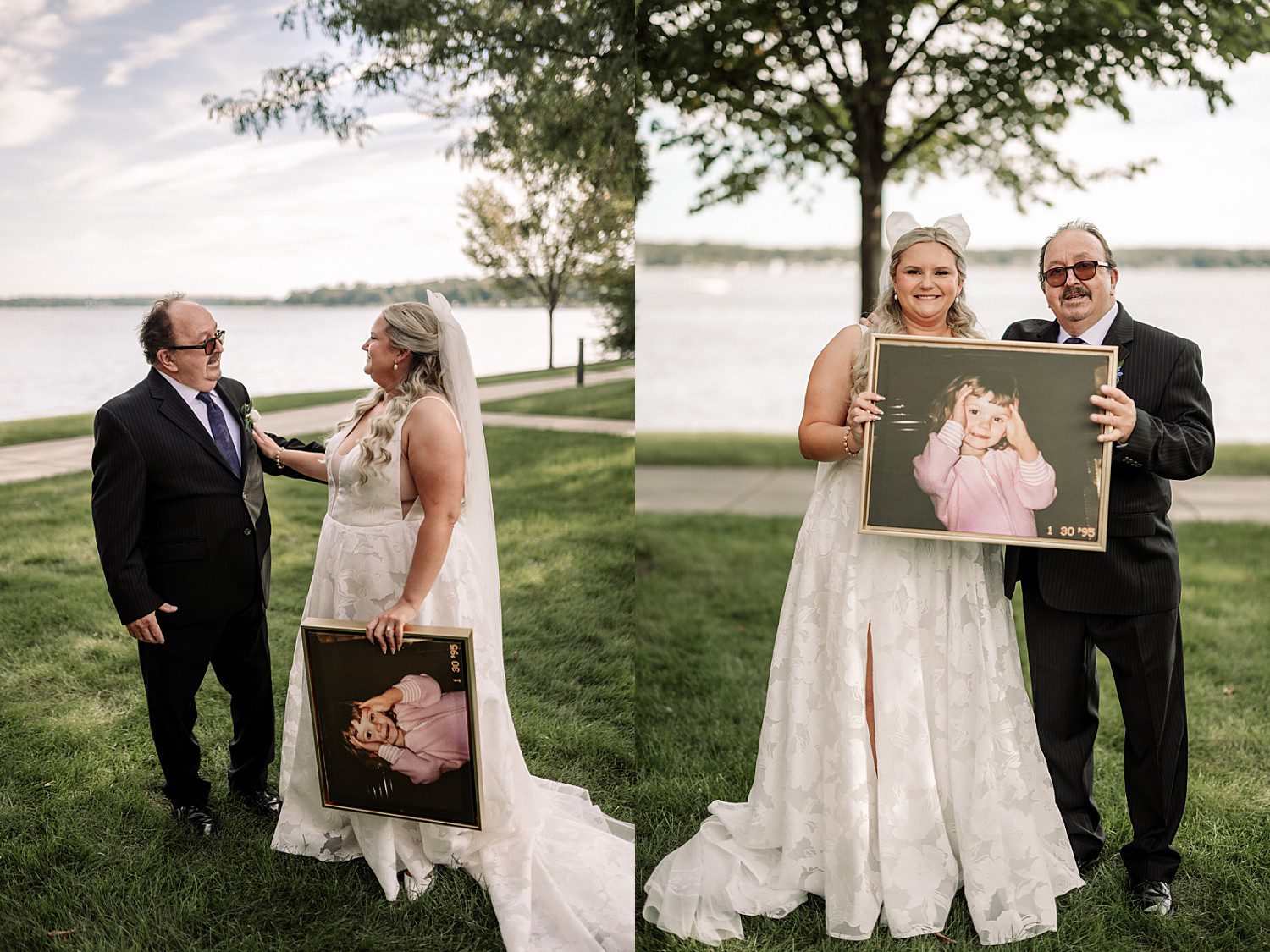 lakeside Wisconsin wedding in Delavan, Wisconsin: bride and her father talking and posing with her framed childhood photograph.