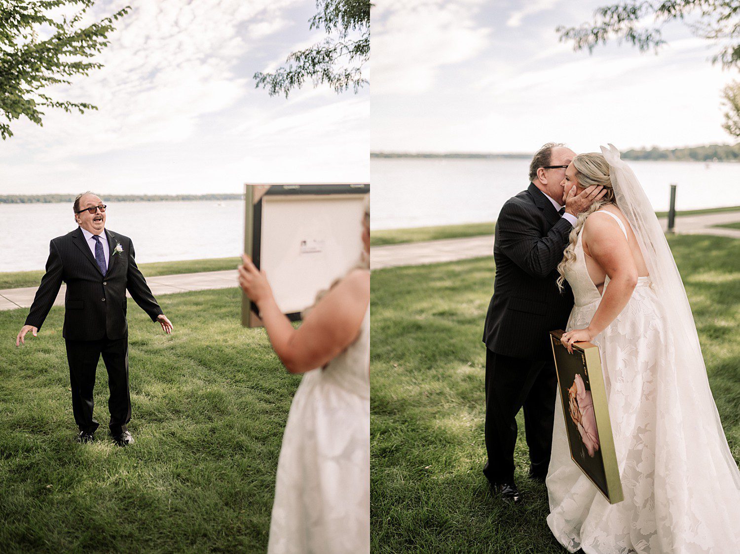 lakeside Wisconsin wedding in Delavan, Wisconsin: father seeing the bride and leaning in to kiss her cheek beside the lake.