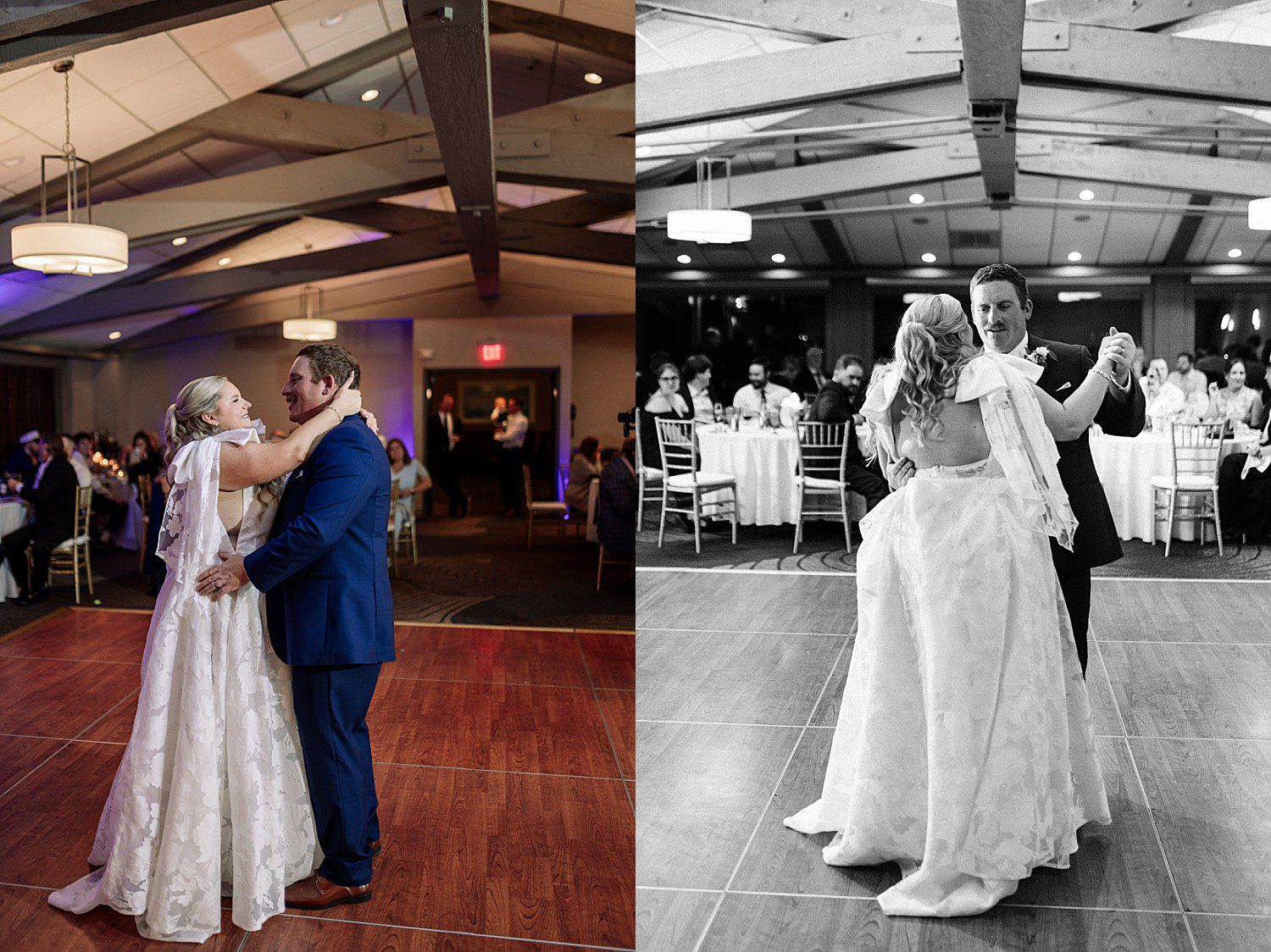 lakeside Wisconsin wedding in Delavan, Wisconsin: newlyweds dancing beneath the reception room timber beams in color and black and white.
