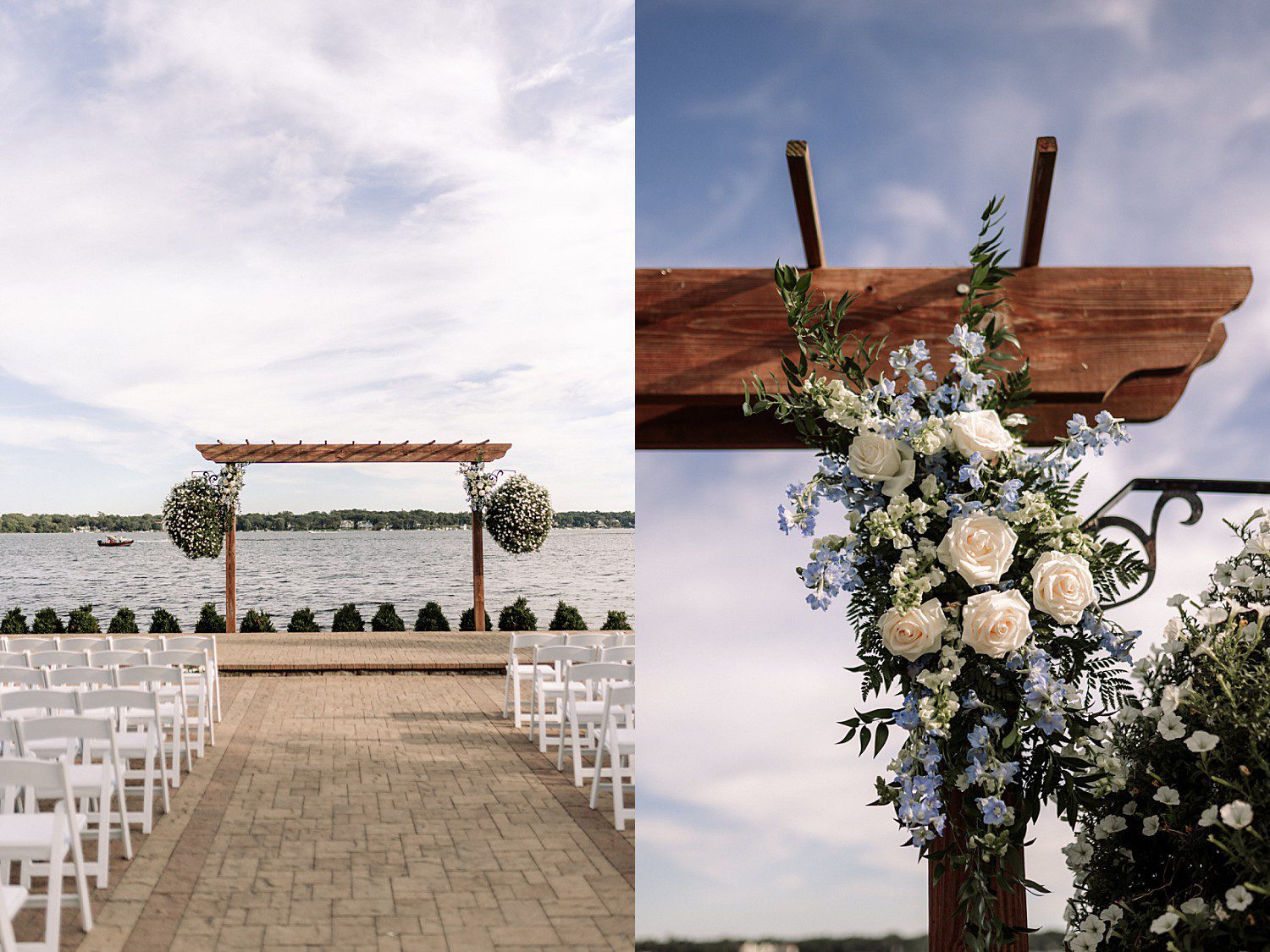 lakeside Wisconsin wedding in Delavan, Wisconsin: lakeside ceremony aisle and a close view of flowers on the wooden arbor.