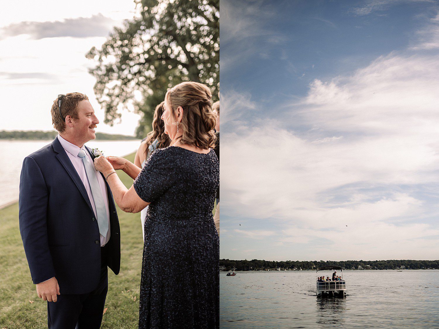 lakeside Wisconsin wedding in Delavan, Wisconsin: groom having his boutonniere adjusted beside Delavan Lake.