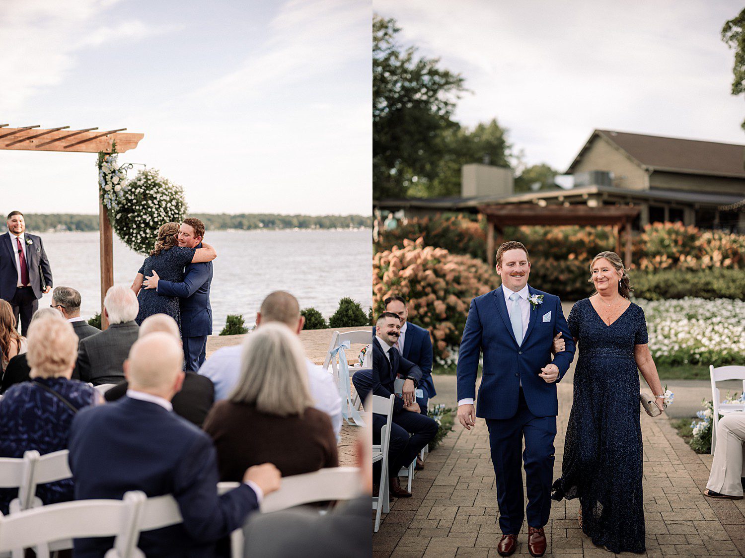lakeside Wisconsin wedding in Delavan, Wisconsin: groom hugging and walking with a woman in a navy dress during the lakeside processional.