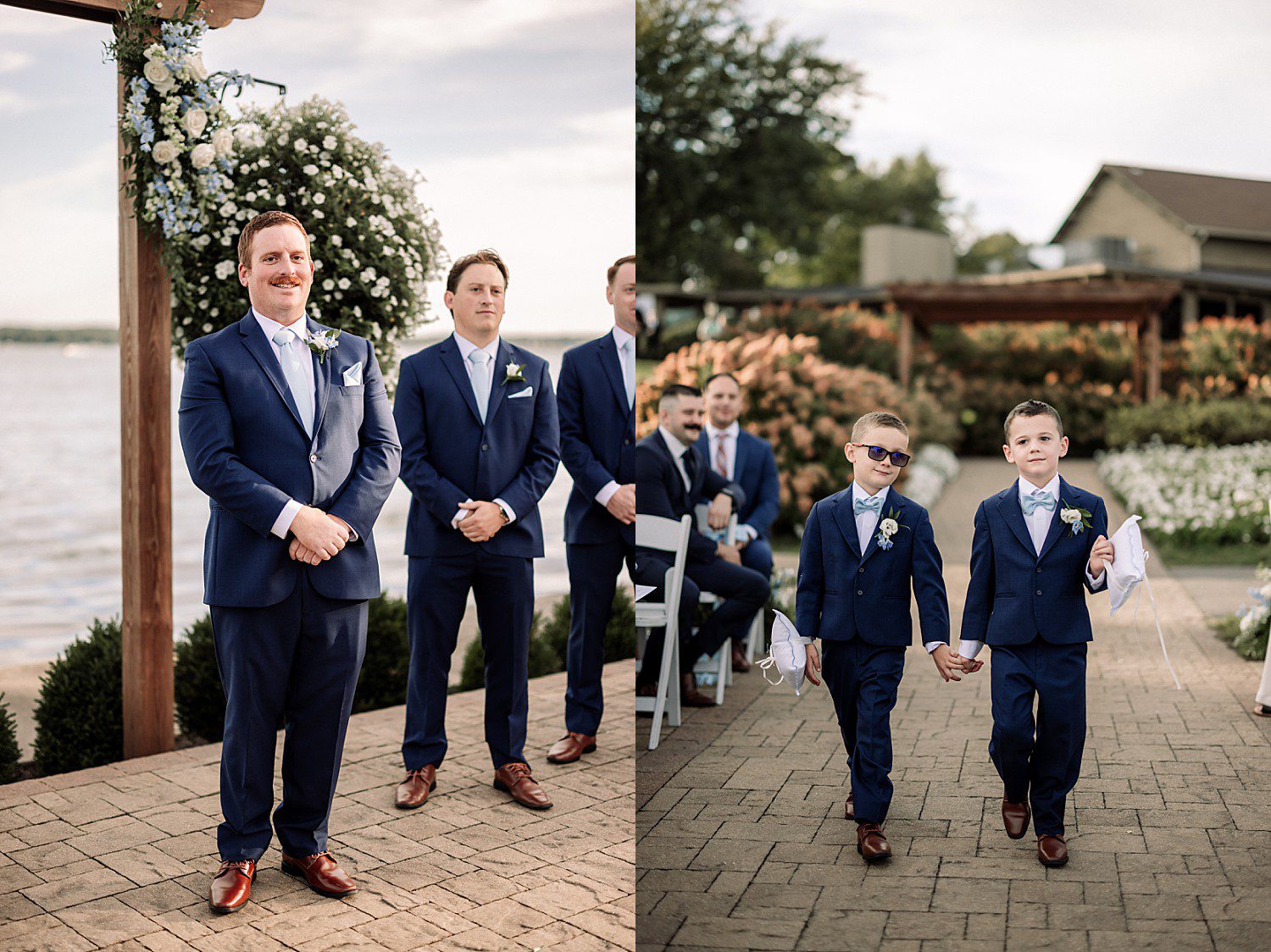 lakeside Wisconsin wedding in Delavan, Wisconsin: groom waiting beside the floral arbor and young attendants walking down the aisle.