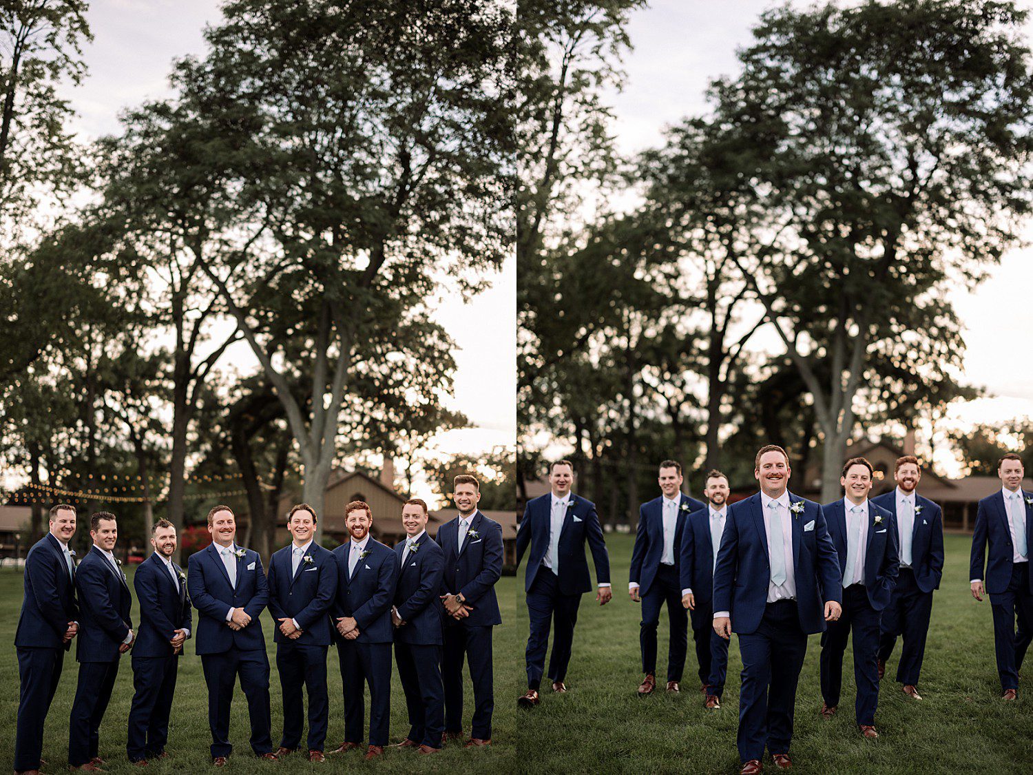 lakeside Wisconsin wedding in Delavan, Wisconsin: groom and groomsmen posing and laughing beneath lakeside trees.