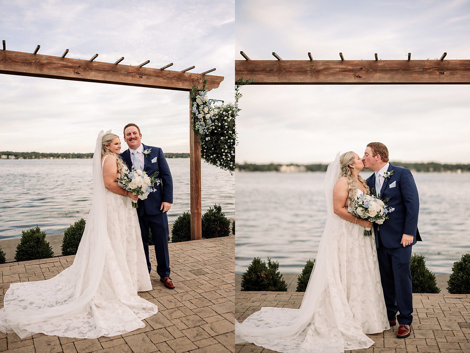 lakeside Wisconsin wedding in Delavan, Wisconsin: bride and groom posing together in front of the lake and floral ceremony arbor.