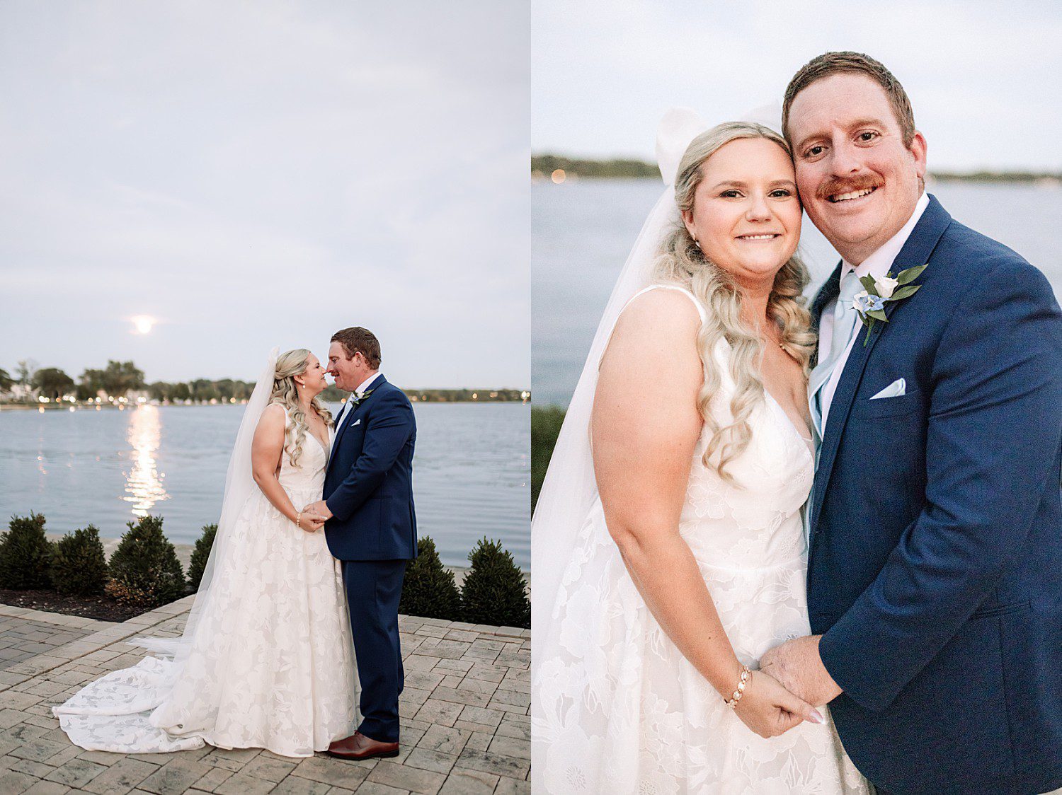 lakeside Wisconsin wedding in Delavan, Wisconsin: bride and groom embracing beside Delavan Lake and smiling for a close portrait.