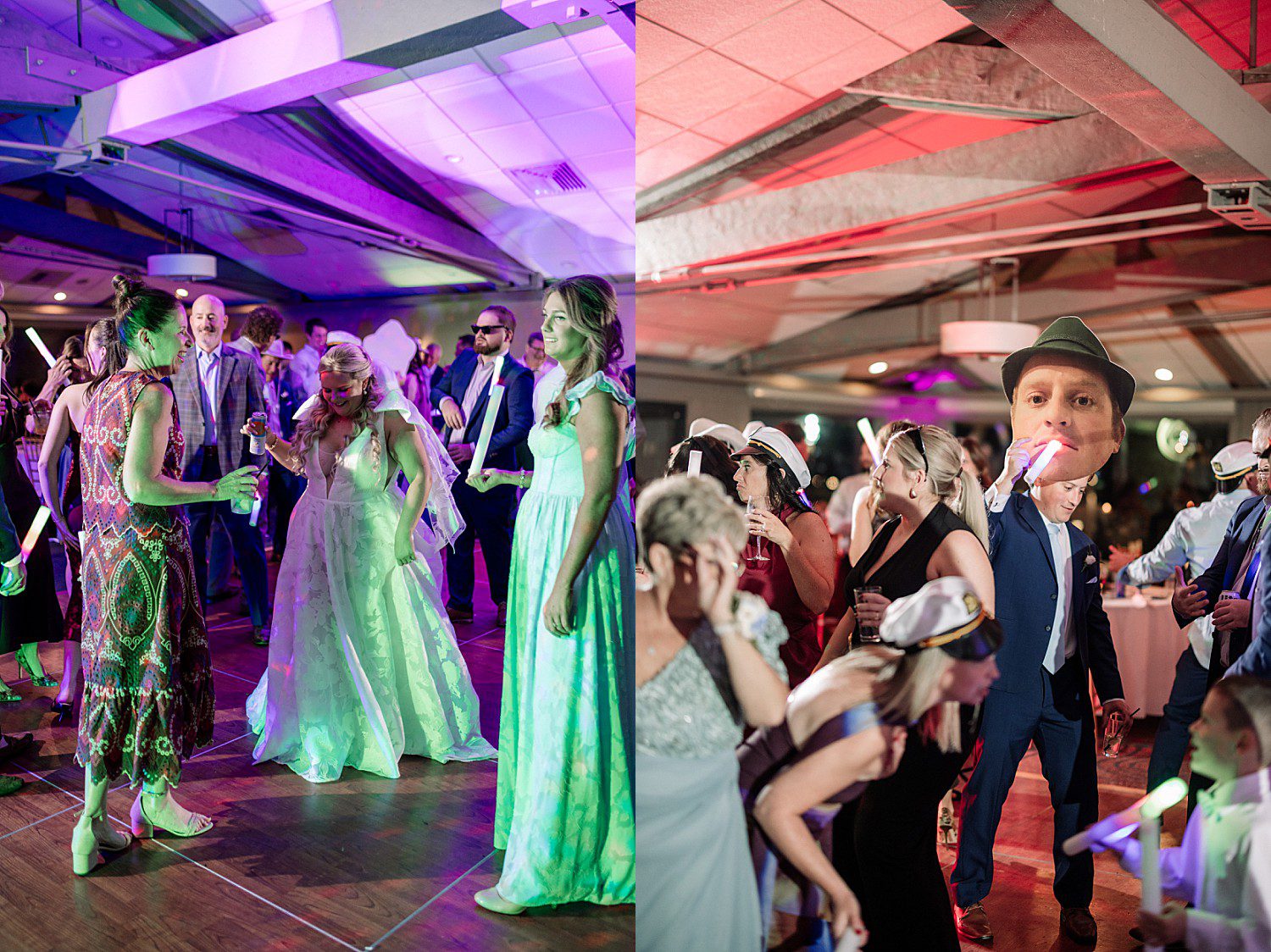 lakeside Wisconsin wedding in Delavan, Wisconsin: wedding guests dancing with light-up sticks beneath colorful reception lighting.