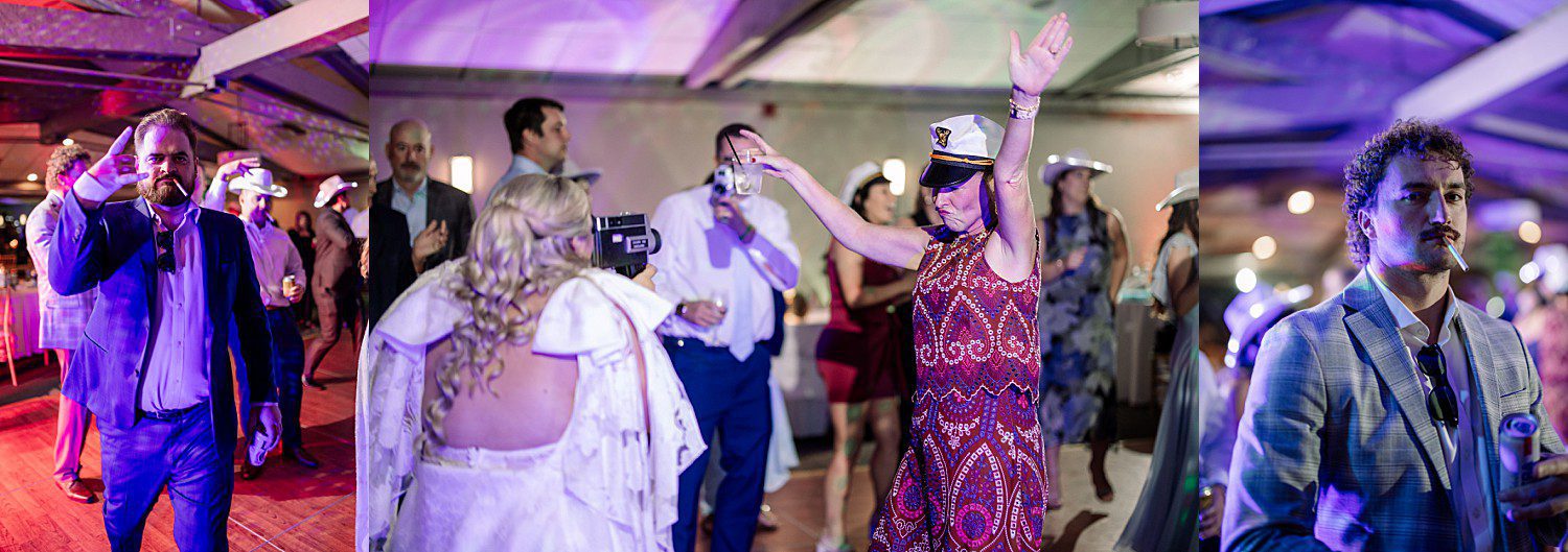lakeside Wisconsin wedding in Delavan, Wisconsin: bride and wedding guests dancing beneath purple reception lighting.