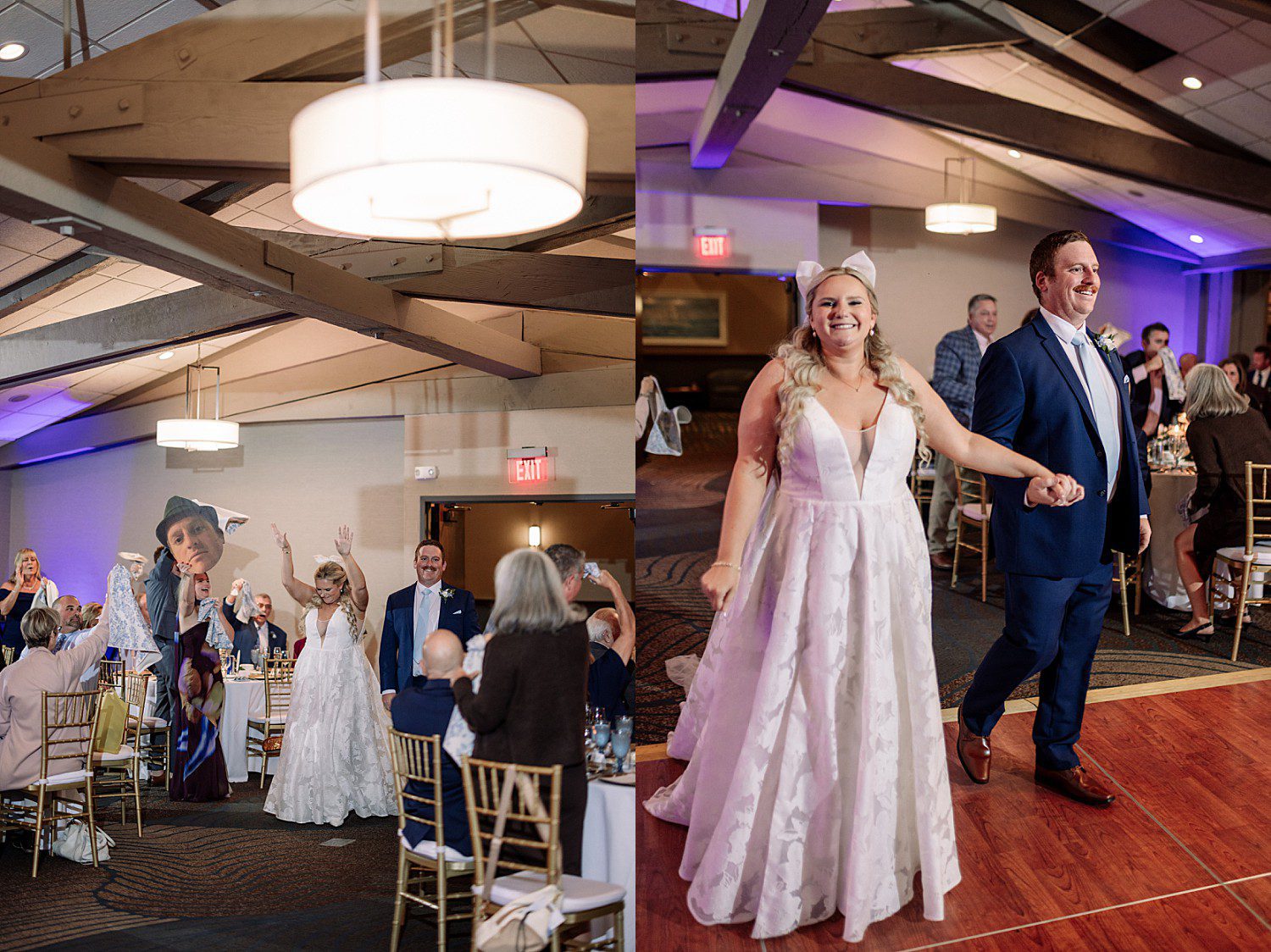 lakeside Wisconsin wedding in Delavan, Wisconsin: reception guests applauding and the newlyweds entering the dance floor.