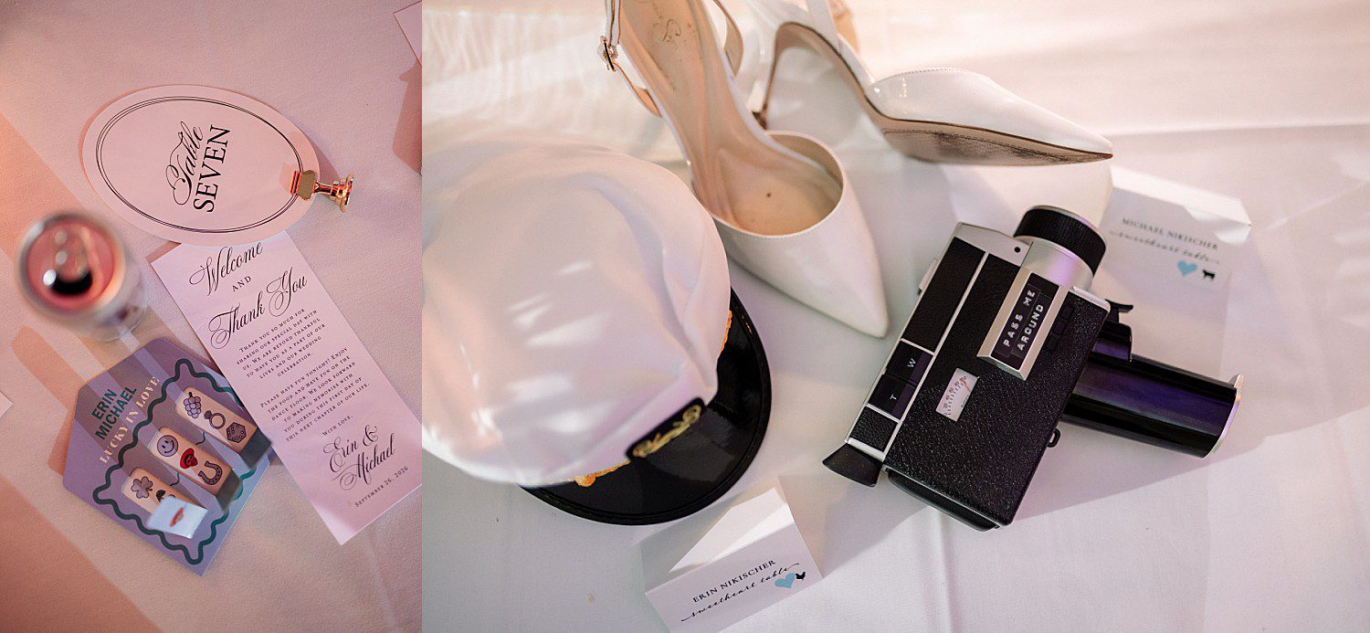 lakeside Wisconsin wedding in Delavan, Wisconsin: wedding reception keepsakes, bridal shoes, printed materials, and guestbook equipment.