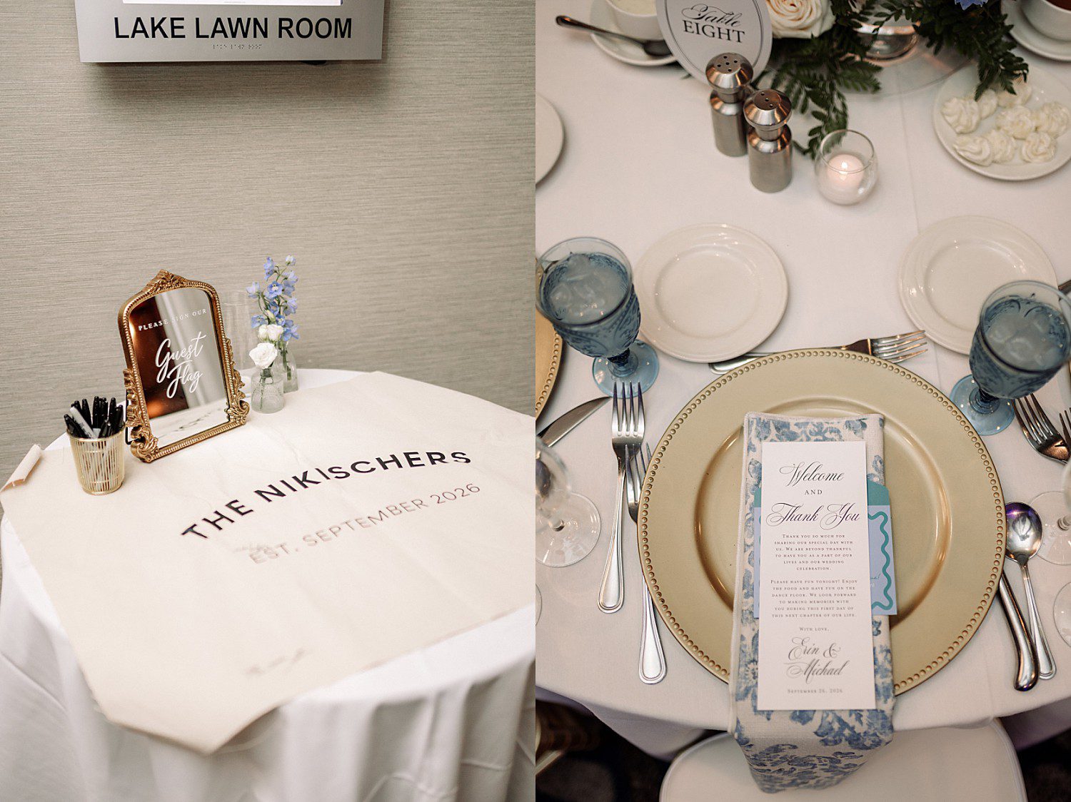 lakeside Wisconsin wedding in Delavan, Wisconsin: personalized reception welcome table and a place setting with blue glassware.