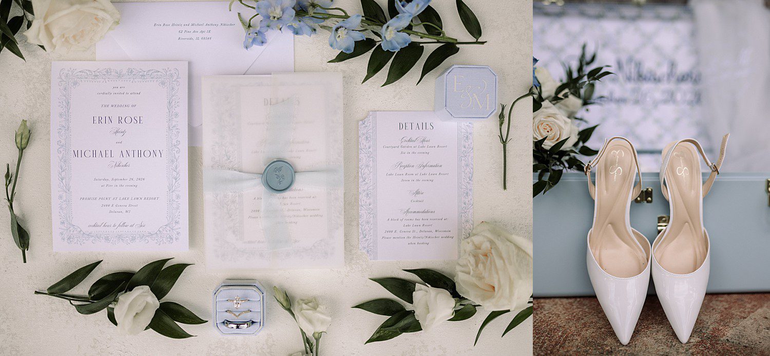 lakeside Wisconsin wedding in Delavan, Wisconsin: pale blue wedding stationery, white bridal shoes, flowers, and rings.