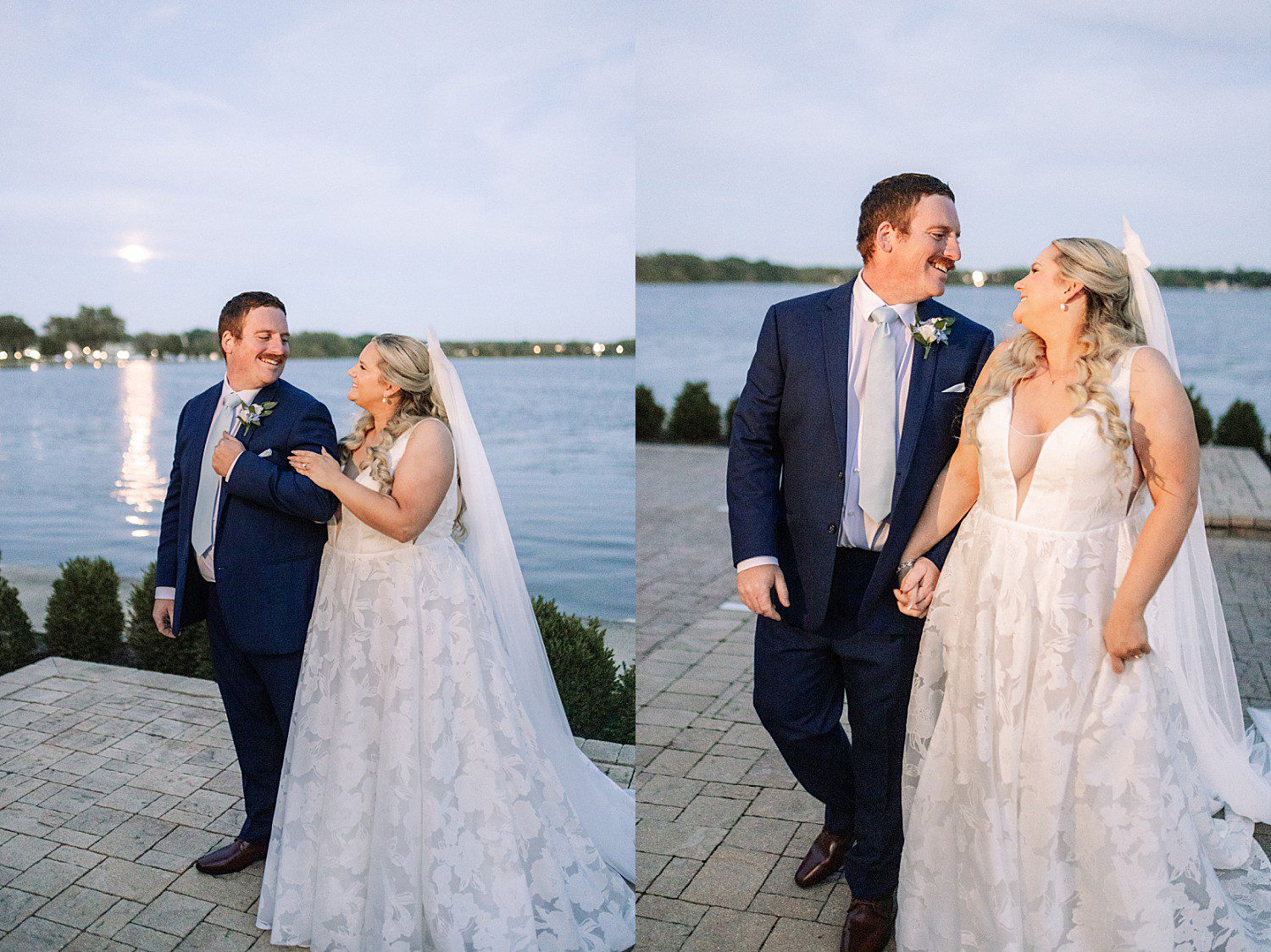 lakeside Wisconsin wedding in Delavan, Wisconsin: newlyweds laughing and walking together beside the lake at twilight.