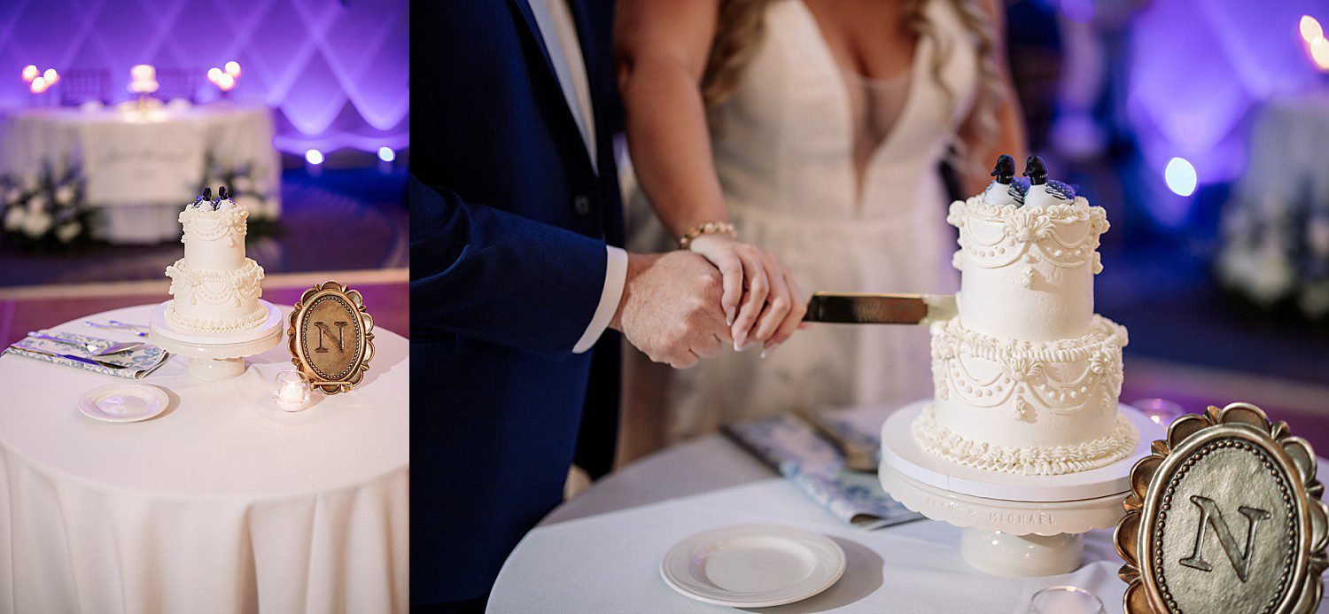 lakeside Wisconsin wedding in Delavan, Wisconsin: decorated white wedding cake and the couple cutting their cake together.