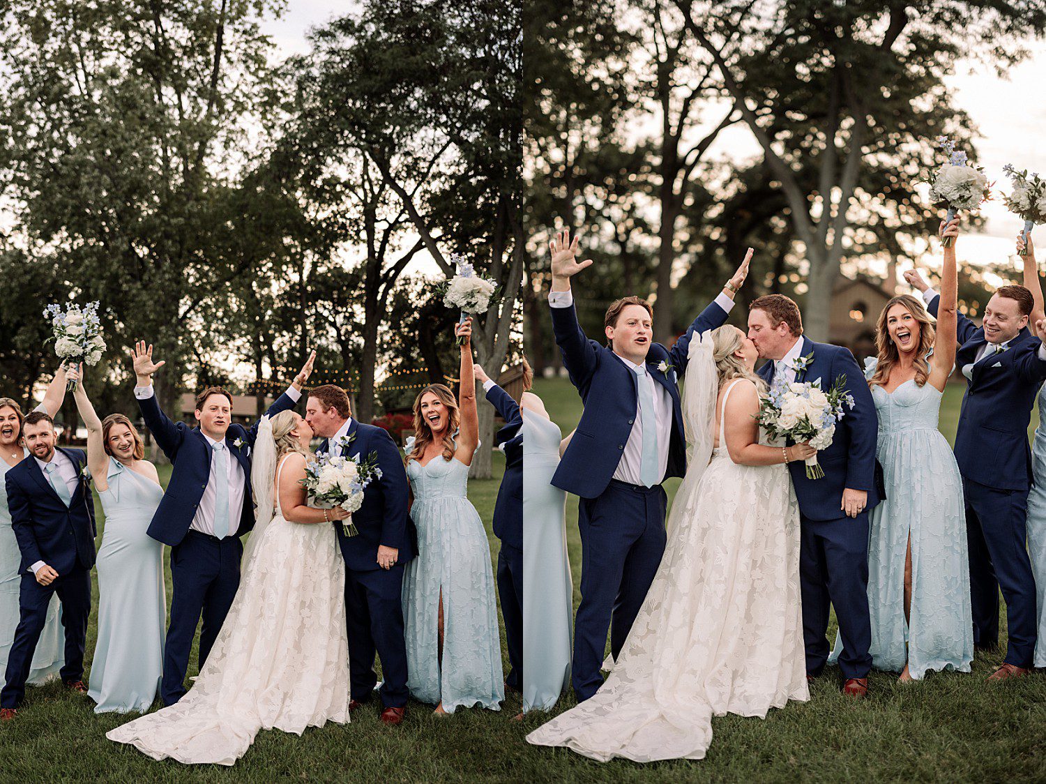 lakeside Wisconsin wedding in Delavan, Wisconsin: wedding party cheering and the newlyweds kissing on the lawn.