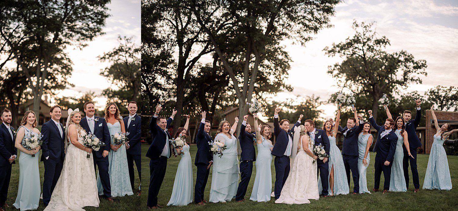 lakeside Wisconsin wedding in Delavan, Wisconsin: wedding party portrait followed by a celebratory group moment beneath the trees.