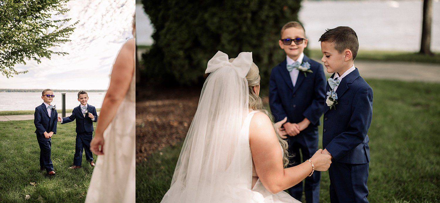 lakeside Wisconsin wedding in Delavan, Wisconsin: two young attendants in navy suits greeting the bride outdoors.